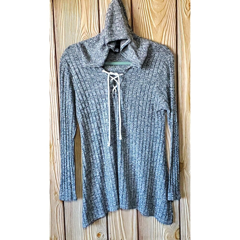 rue21 Hooded Ribbed Knit Women's Large Gray Pullover Long Sleeve Lace-Up